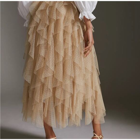 Anthropologie Tiered Ruffle Midi Skirt — Beige Mesh, Size L - Picture 4 of 7